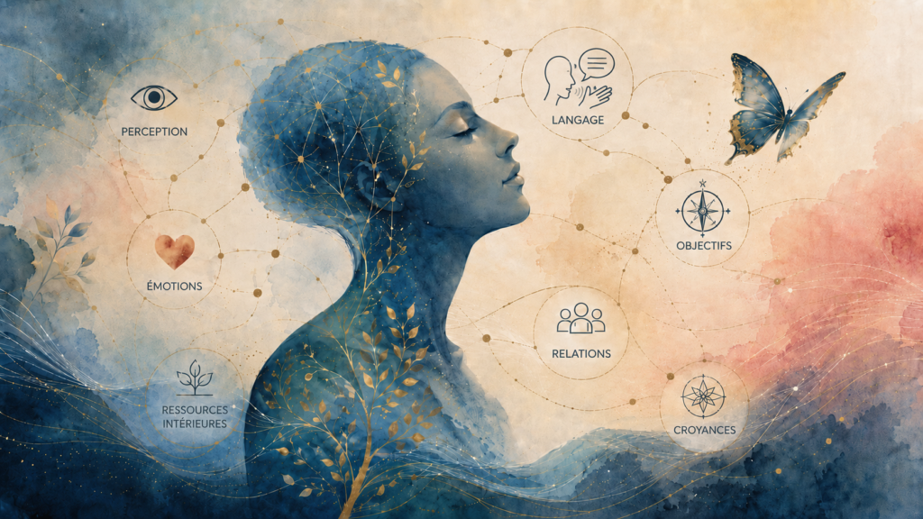 Illustration symbolique de la PNL, des perceptions, des émotions, du langage, des croyances, des objectifs et des ressources intérieures.