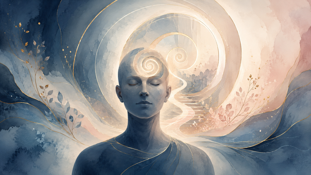Illustration symbolique de l’hypnose ericksonienne : silhouette neutre, spirale lumineuse et paysage intérieur apaisant dans les couleurs OREA.